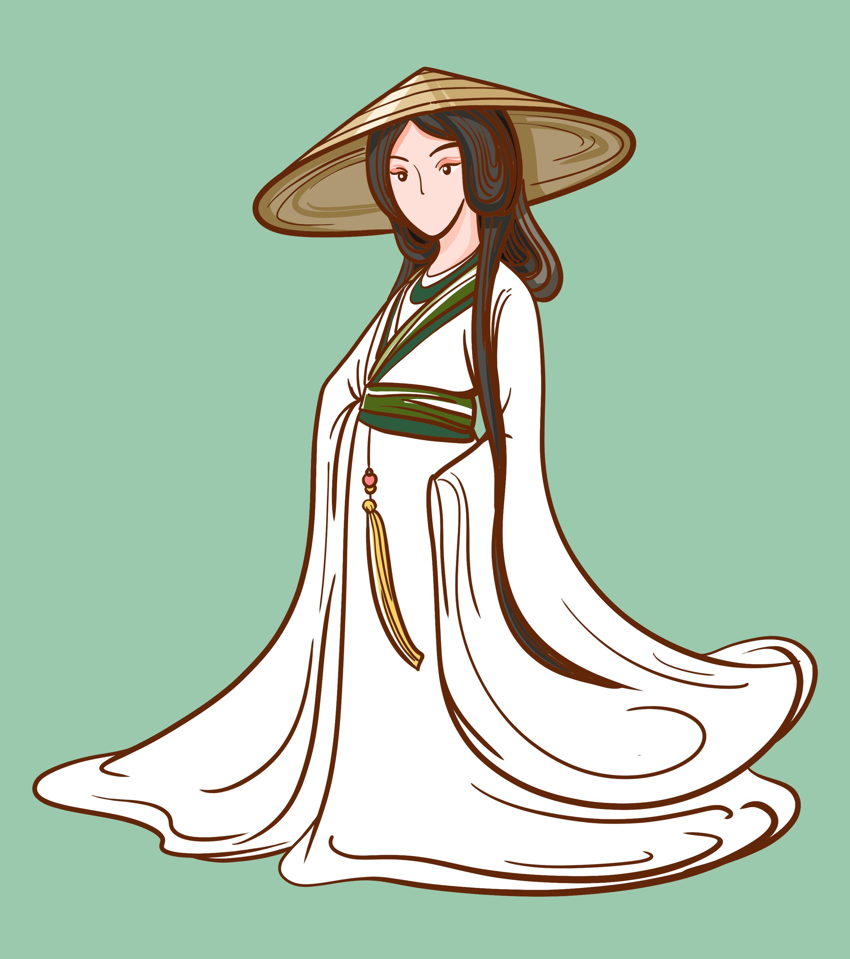 手绘古代戴斗笠的女人元素