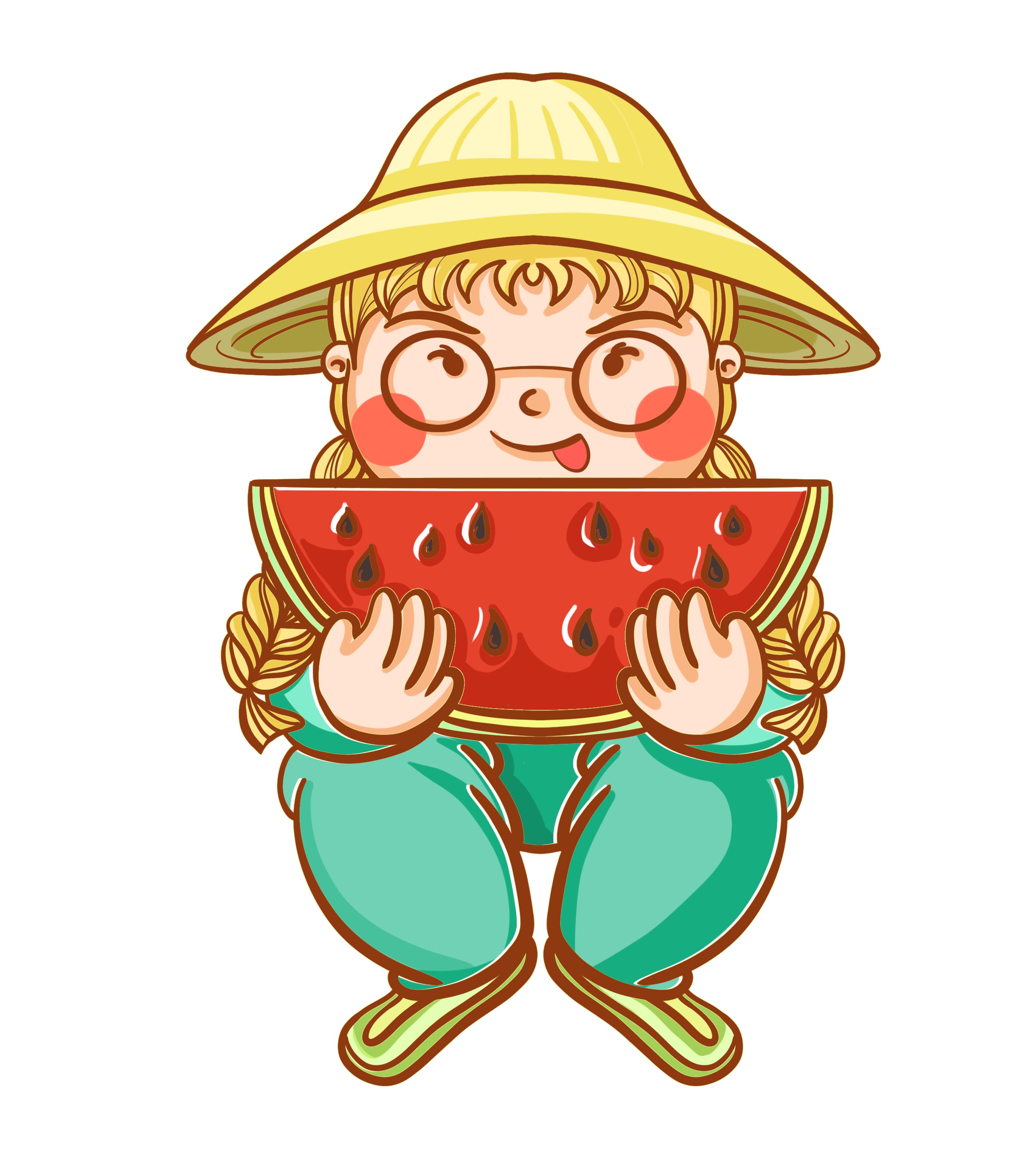 戴帽子眼镜胖女孩吃西瓜元素