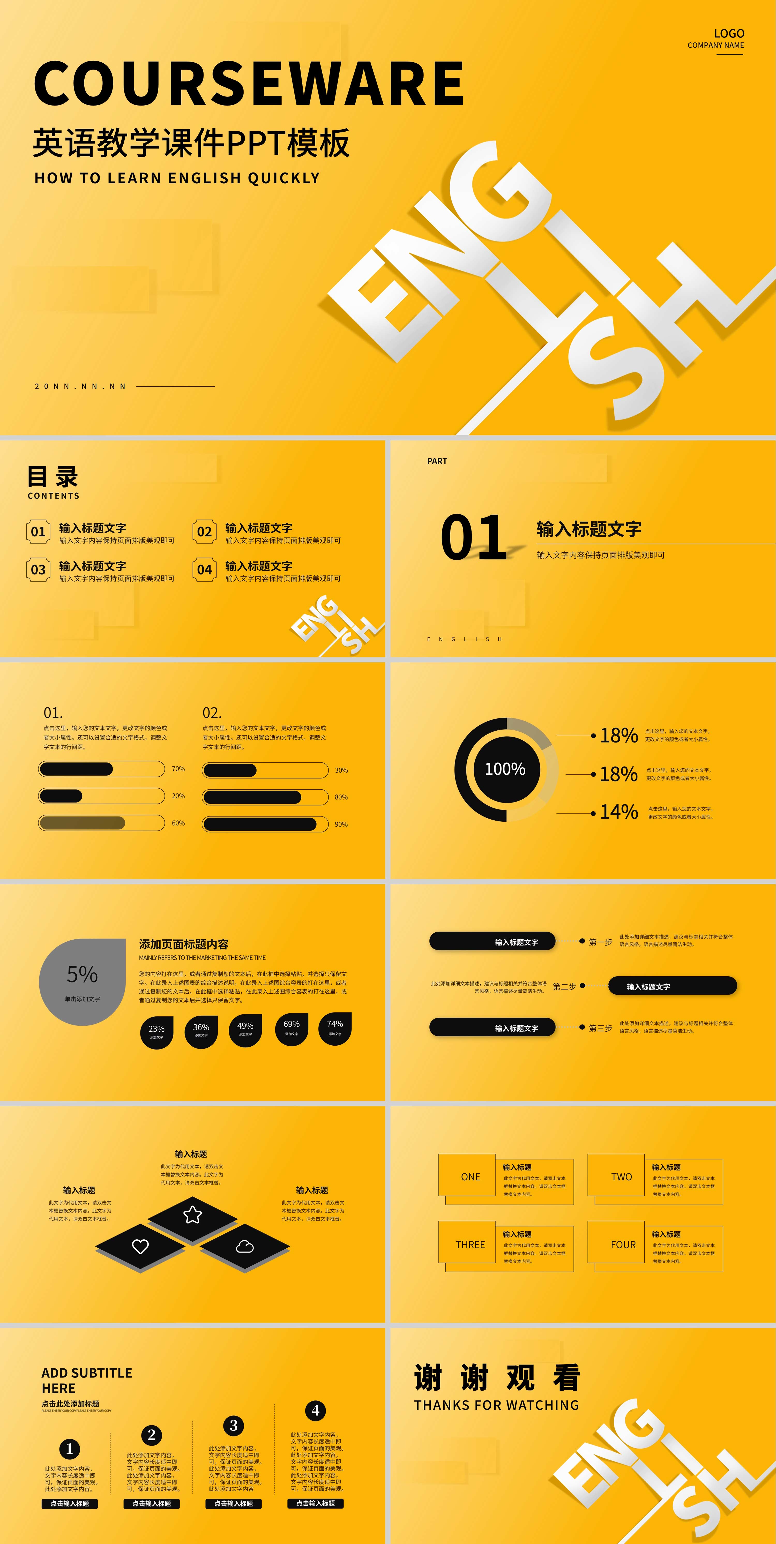 黄色简约风英语教学课件PPT模板