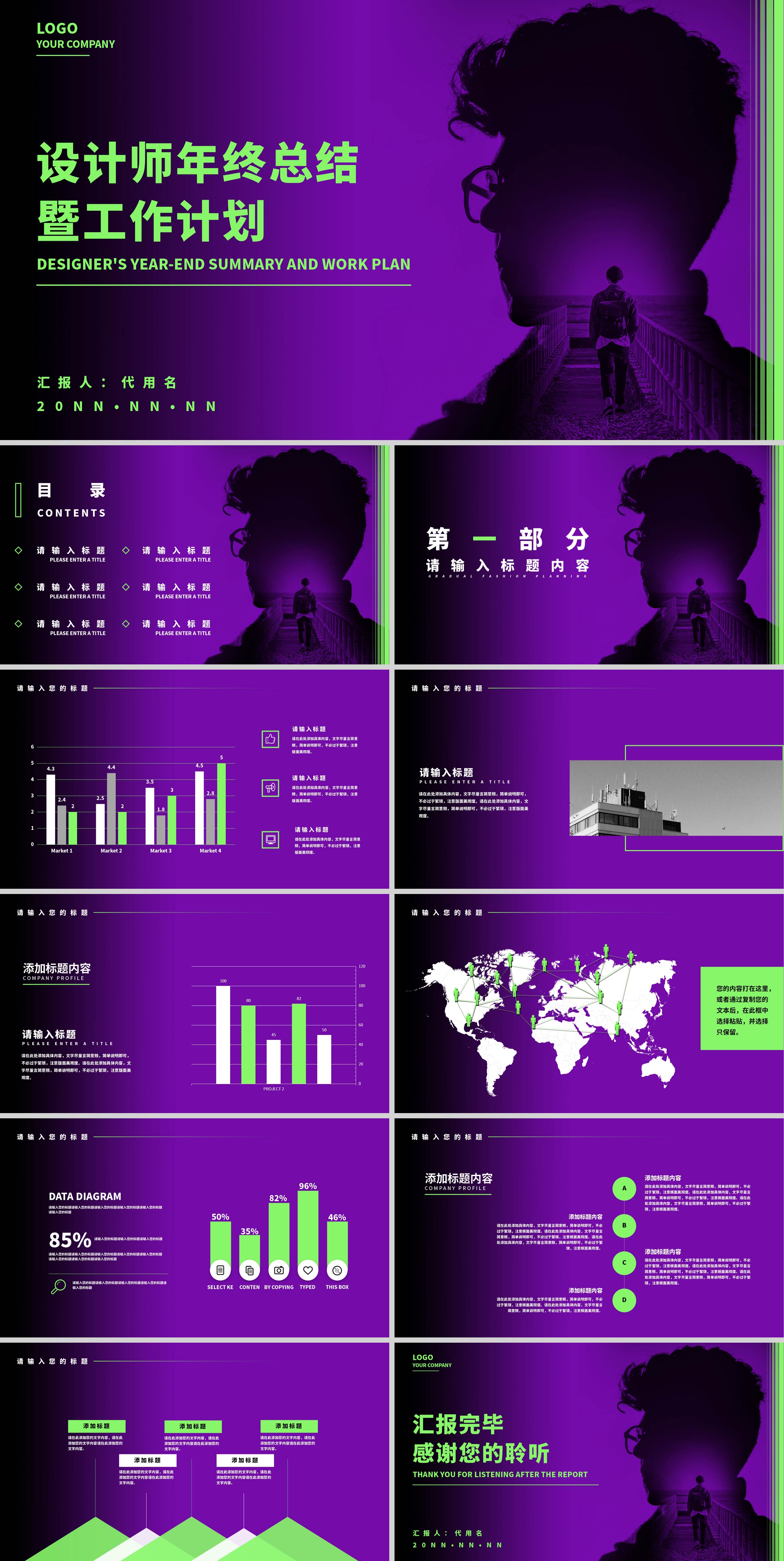 紫色简约风设计师年终总结PPT模板