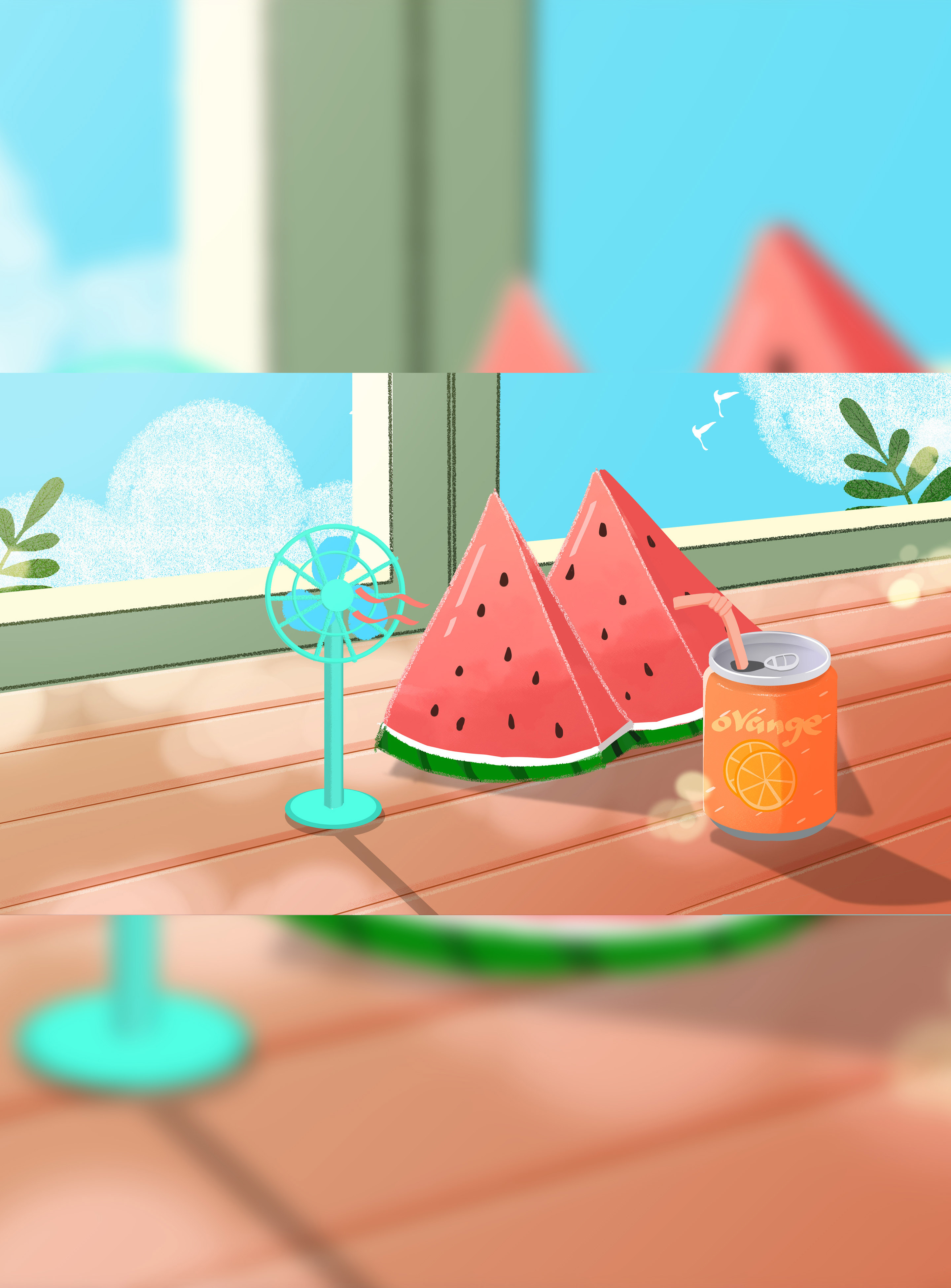 手绘夏至桌子上的西瓜插画