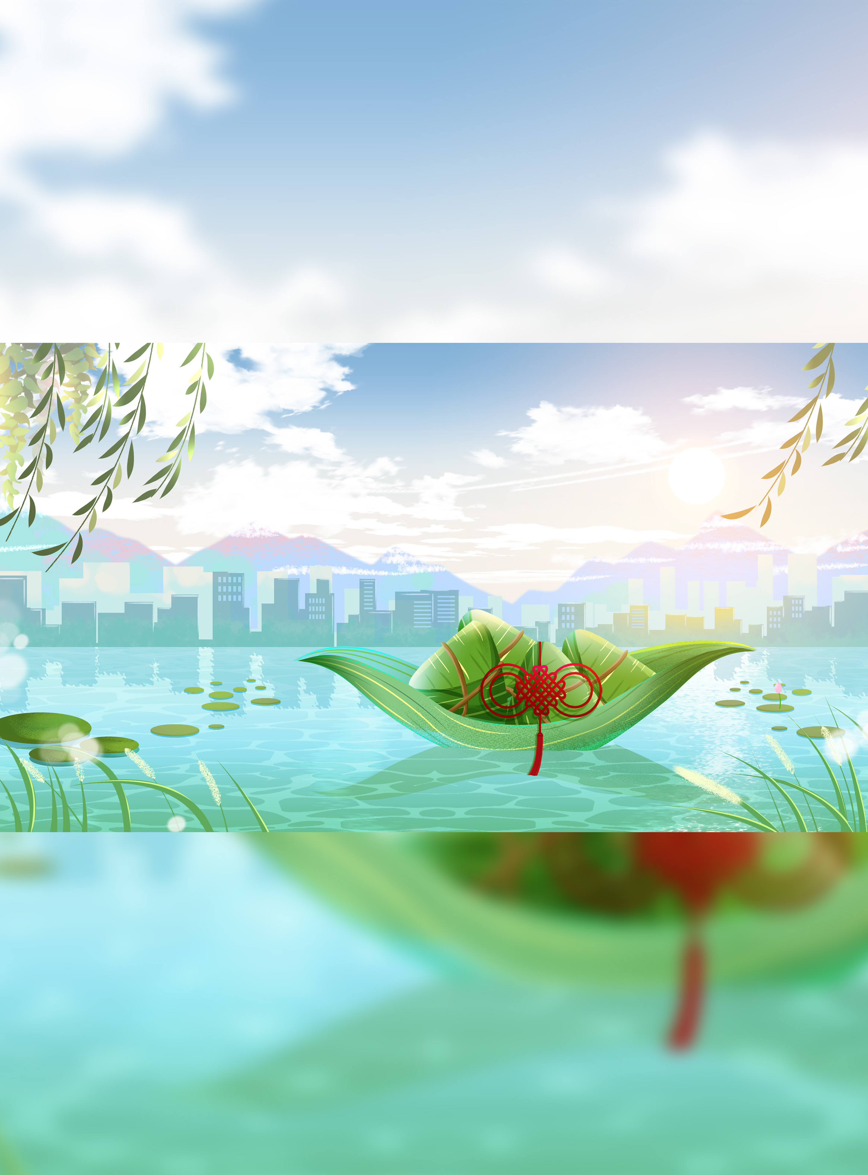 手绘风端午节全福小舟插画