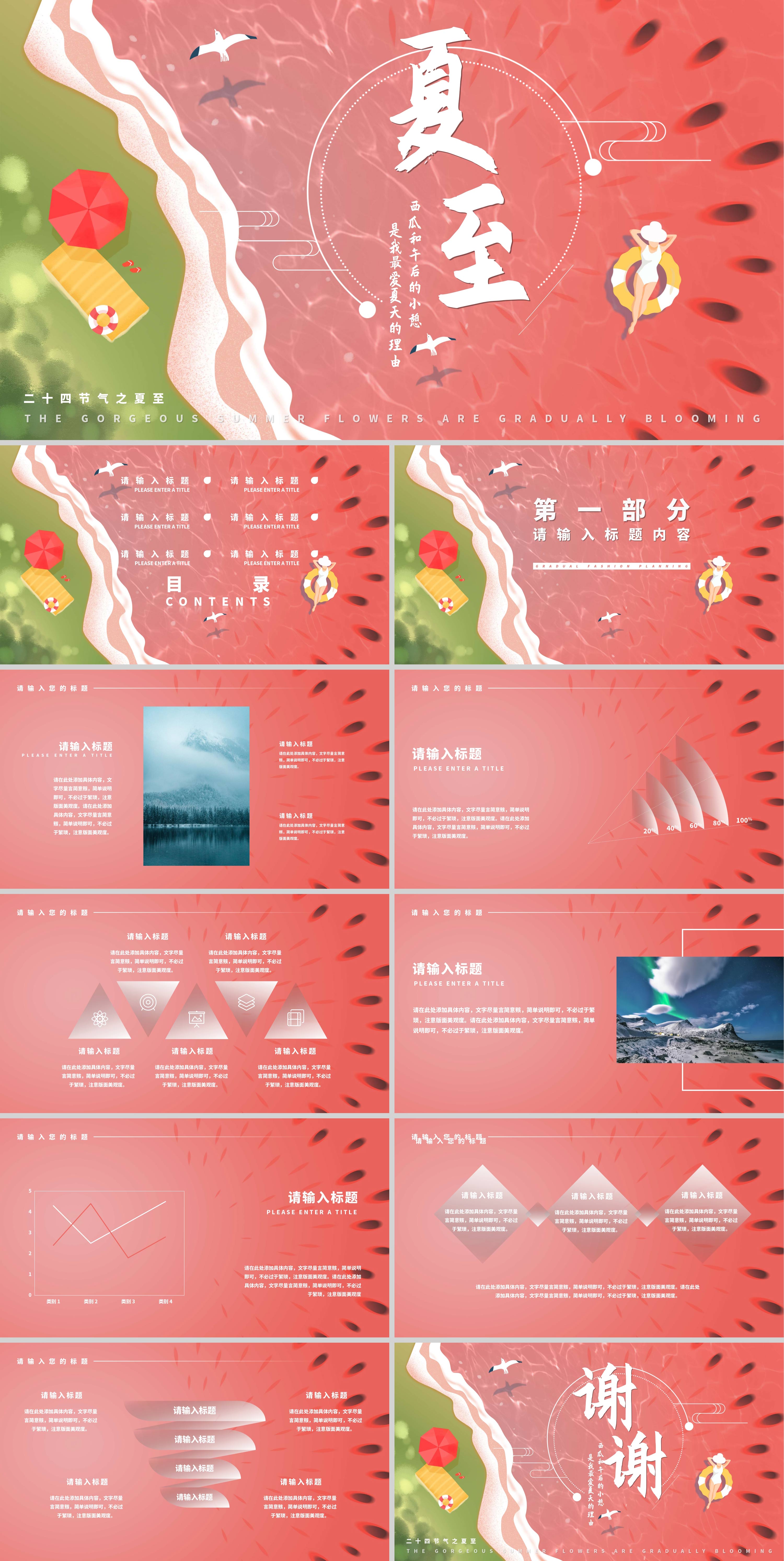 夏至小清新解暑西瓜PPT模板