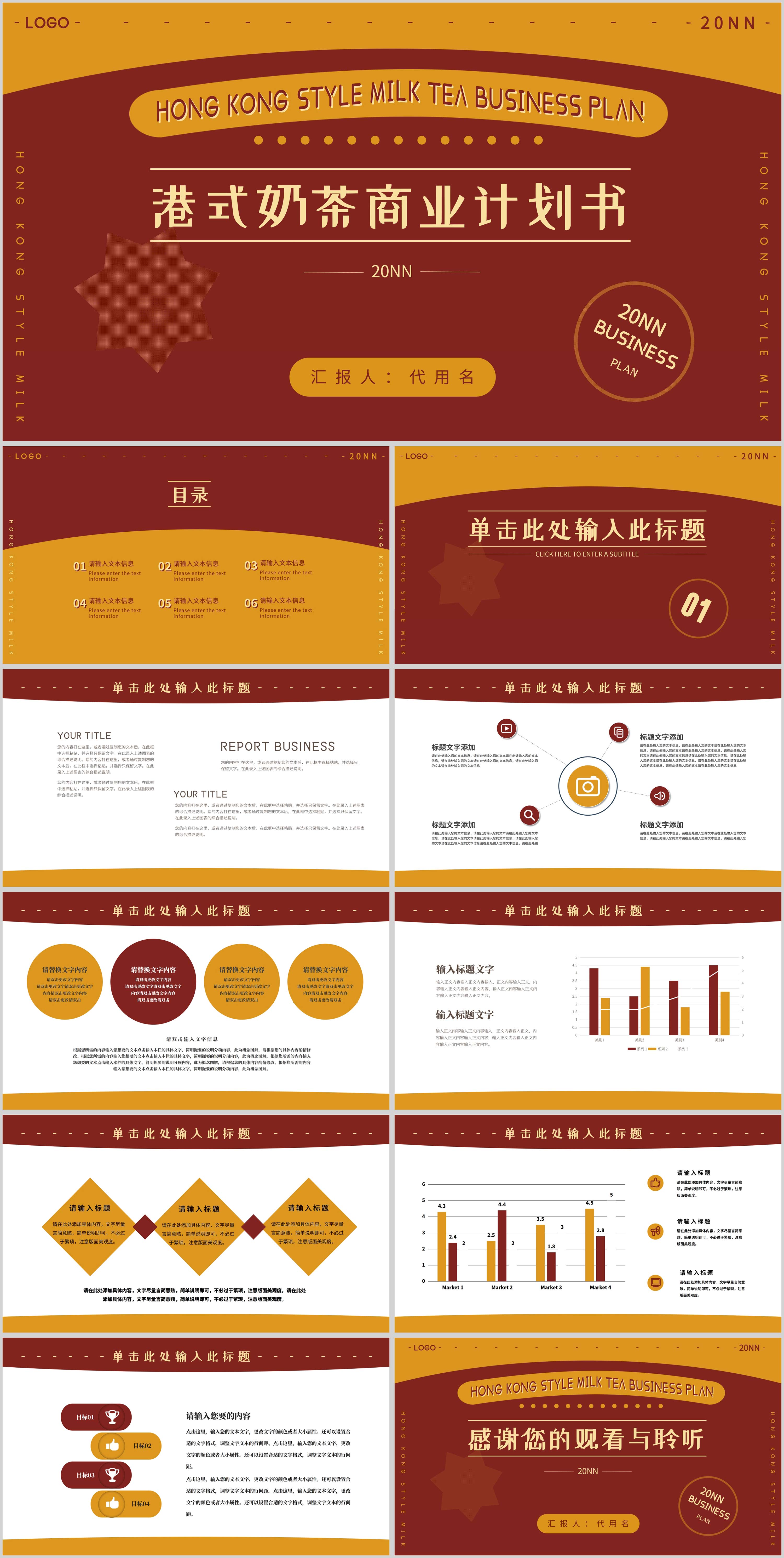 红色复古风港式奶茶计划书PPT模板