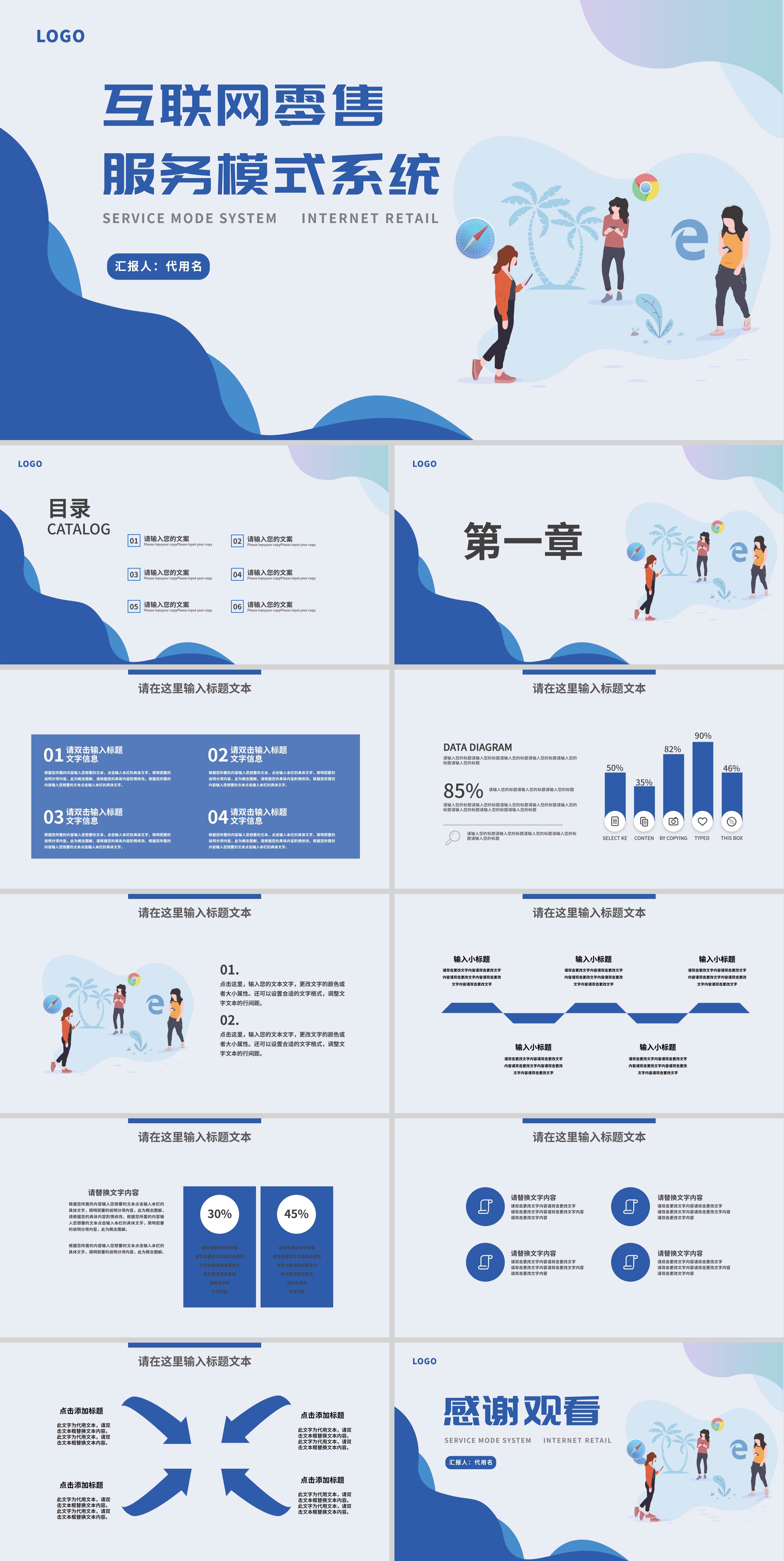 蓝色插画风互联网零售服务模式系统PPT模板