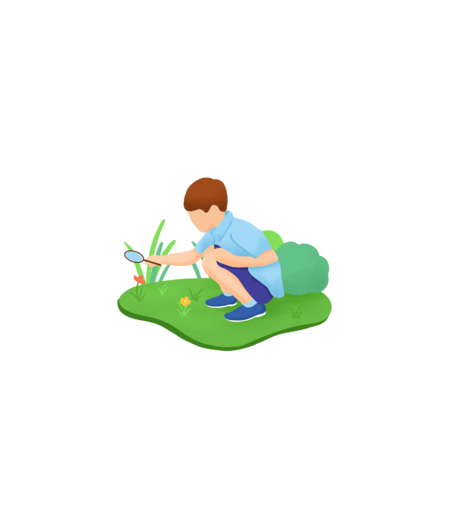 绿色用放大镜看草地的男孩