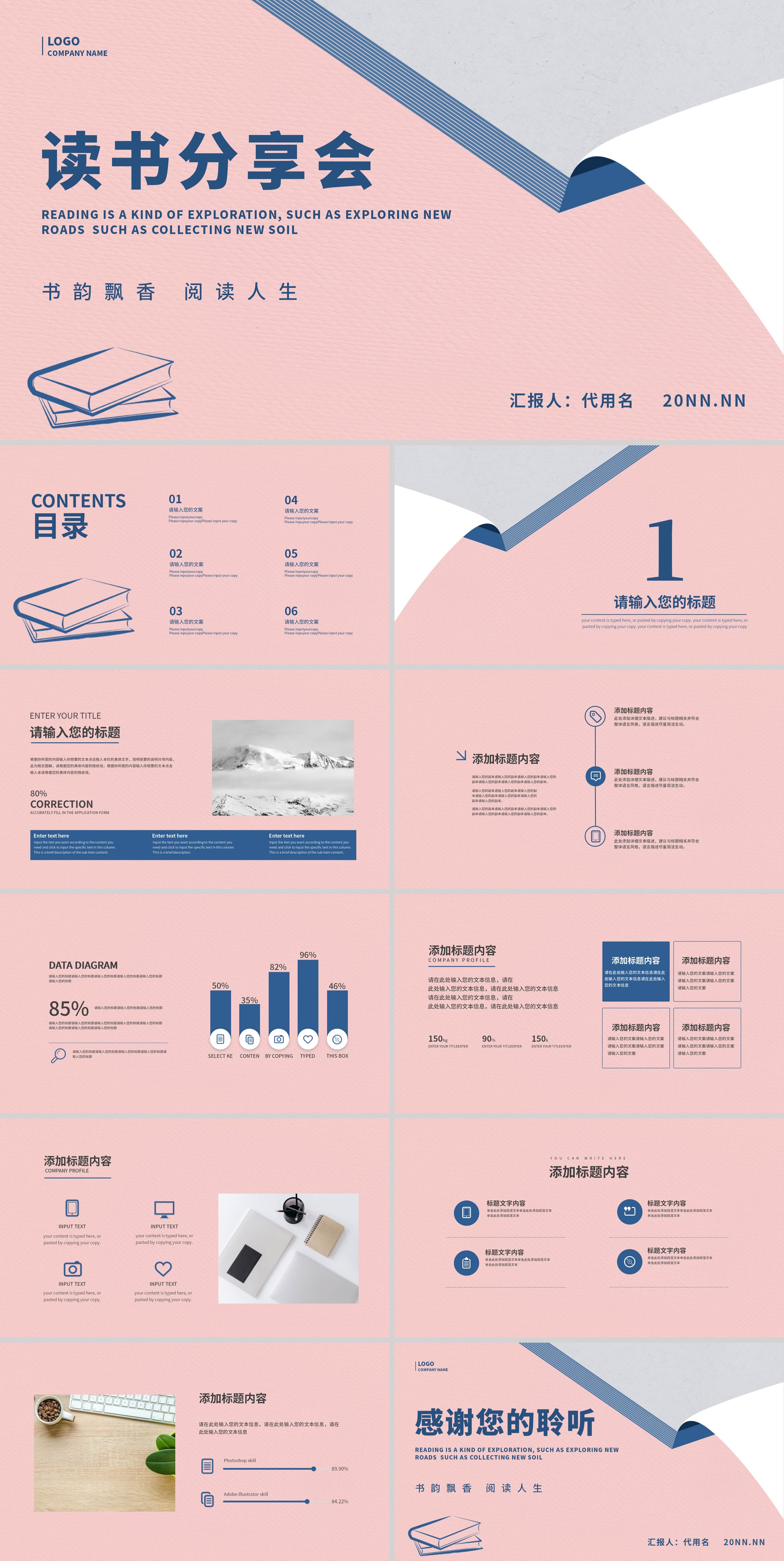 粉色简约小清新读书分享会PPT模板