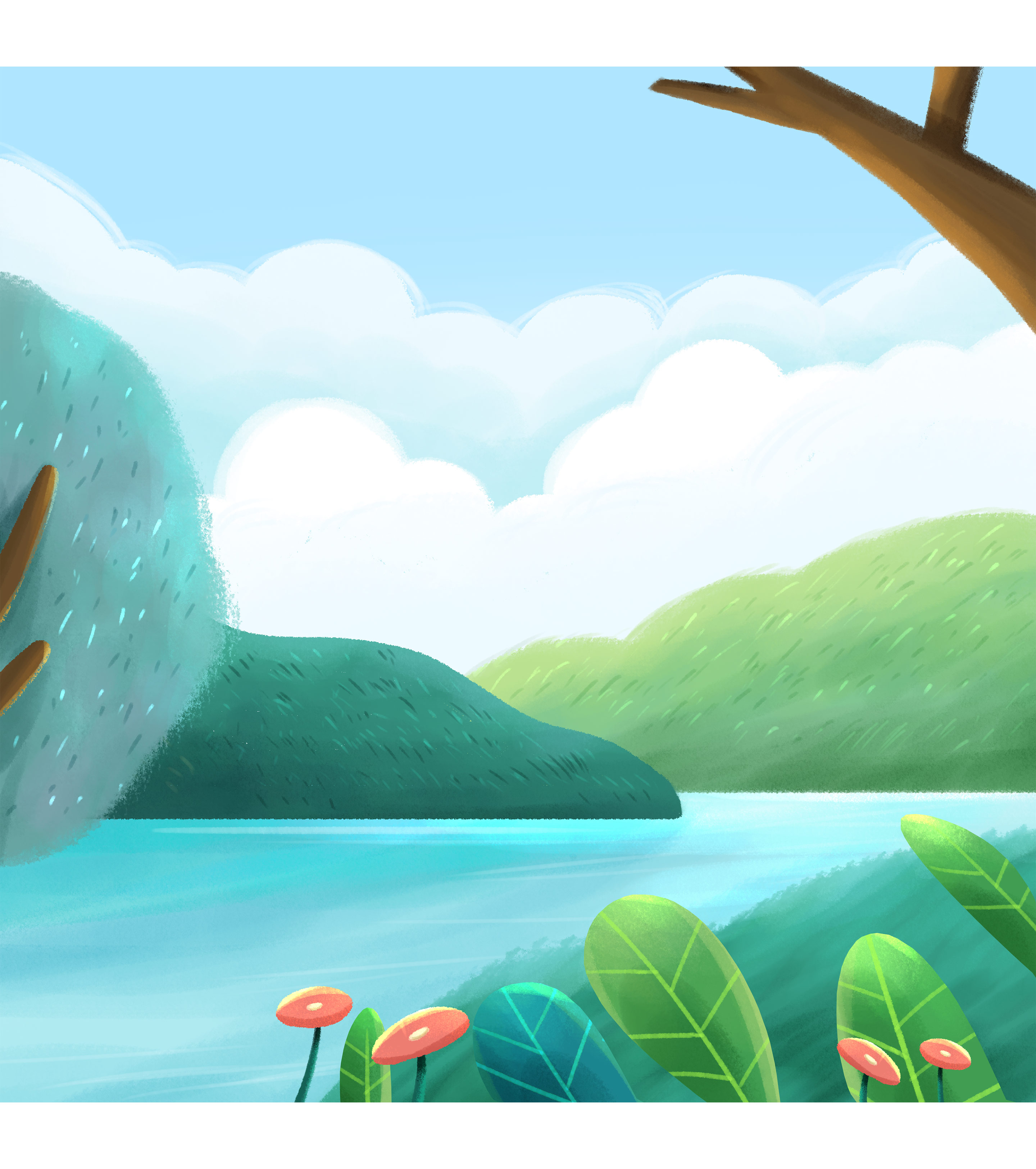 手绘夏天小溪风景元素