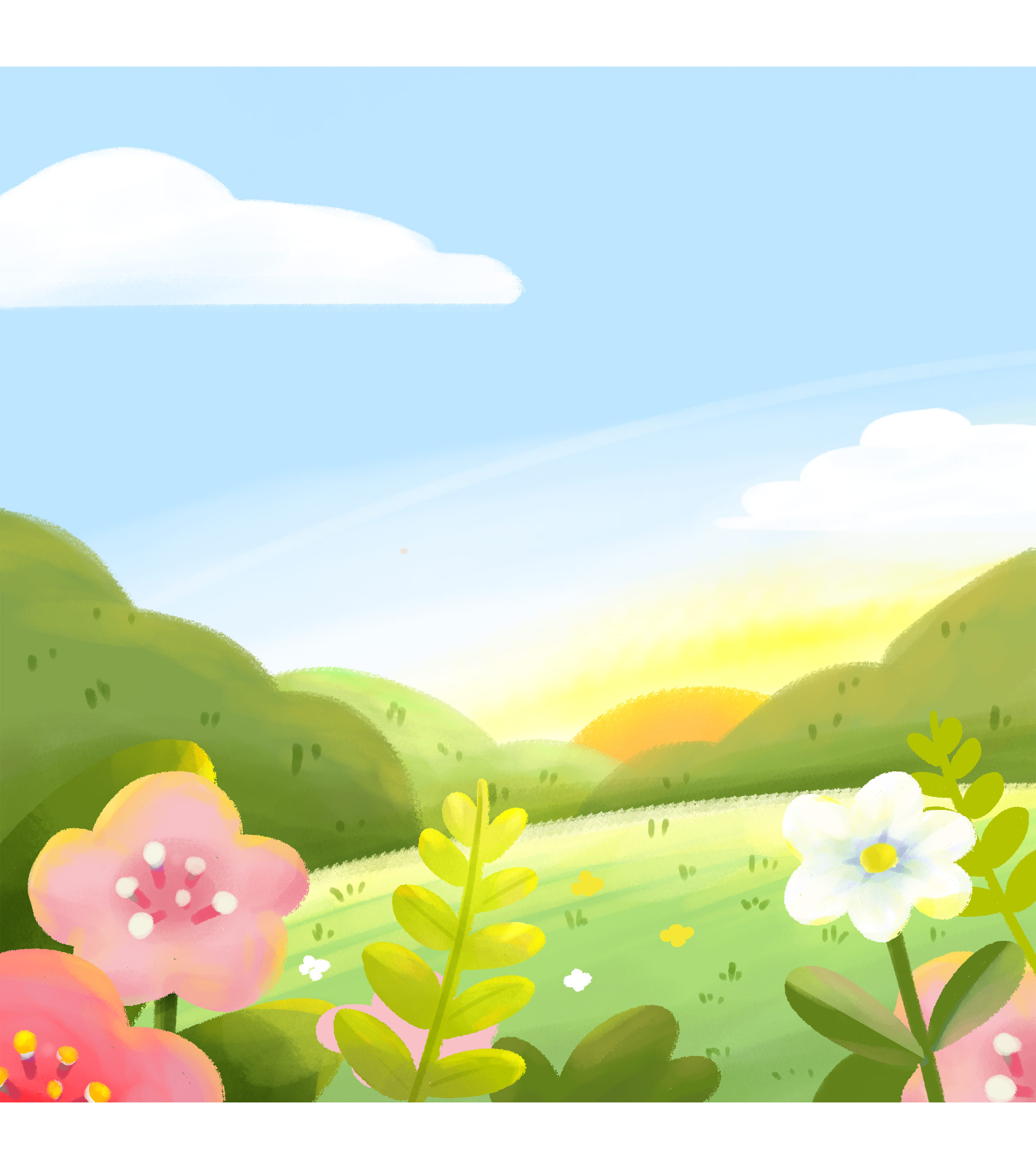 手绘夏天花丛树木元素