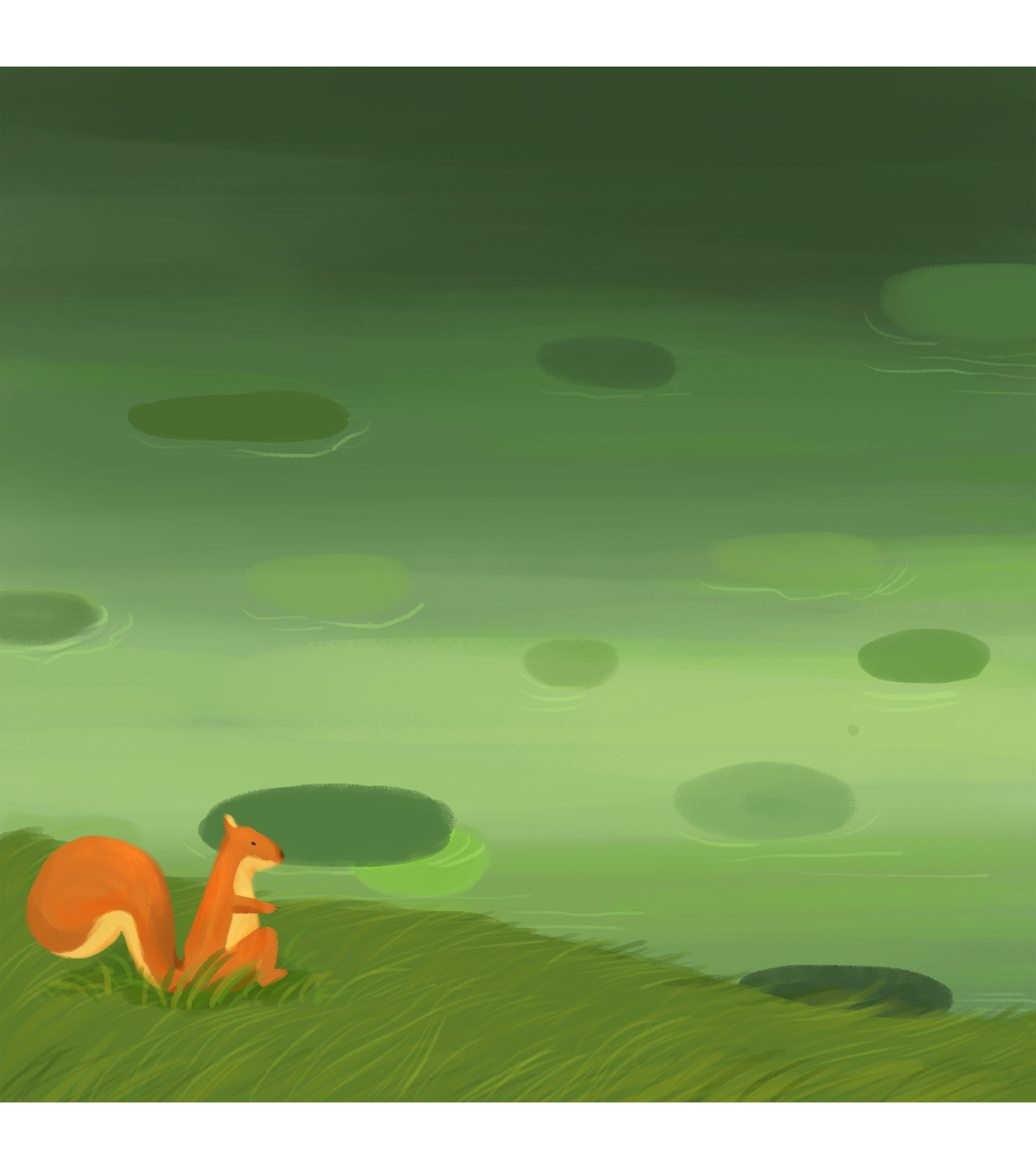 手绘池塘边的松鼠元素