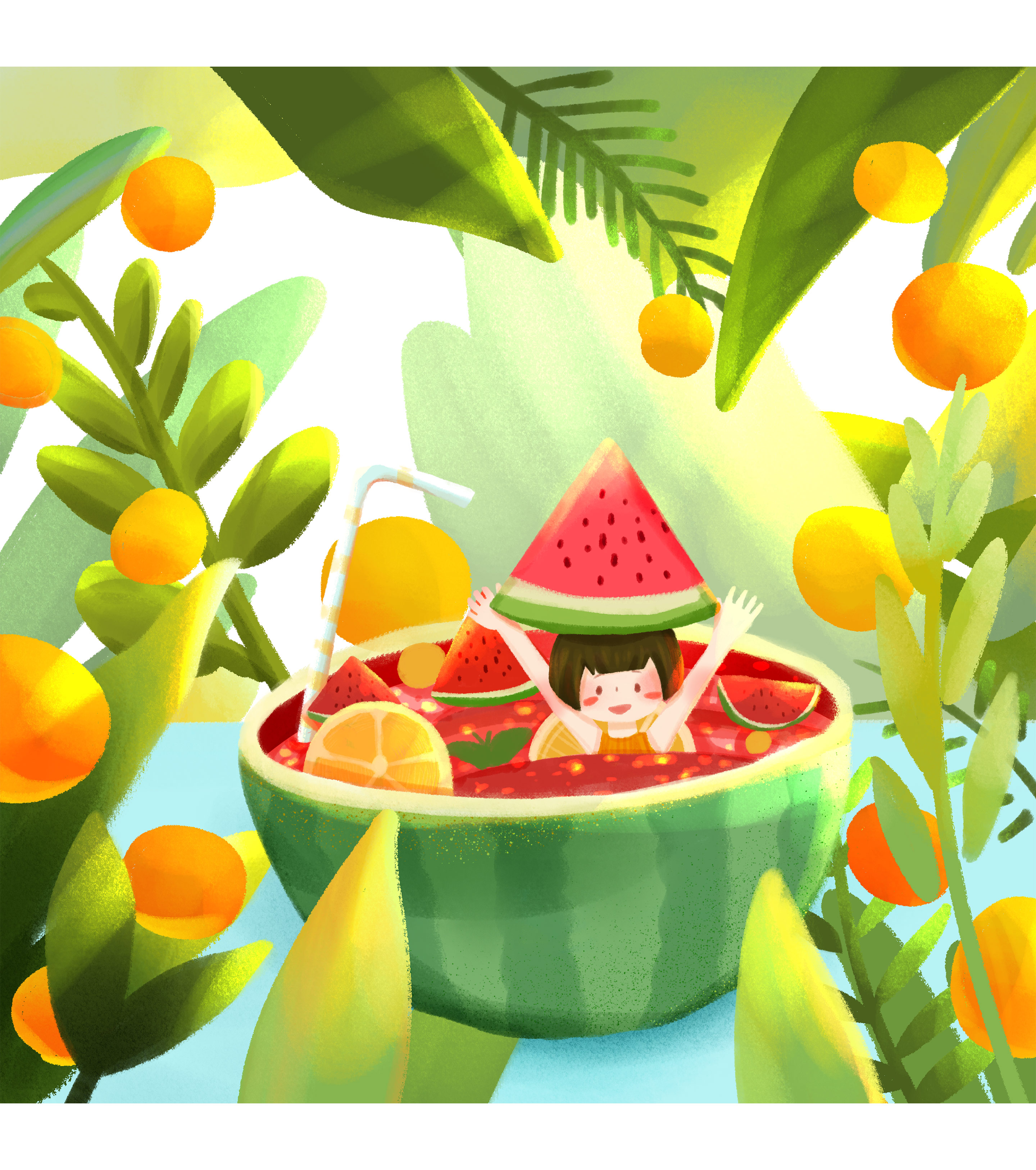 西瓜里玩耍的女孩元素