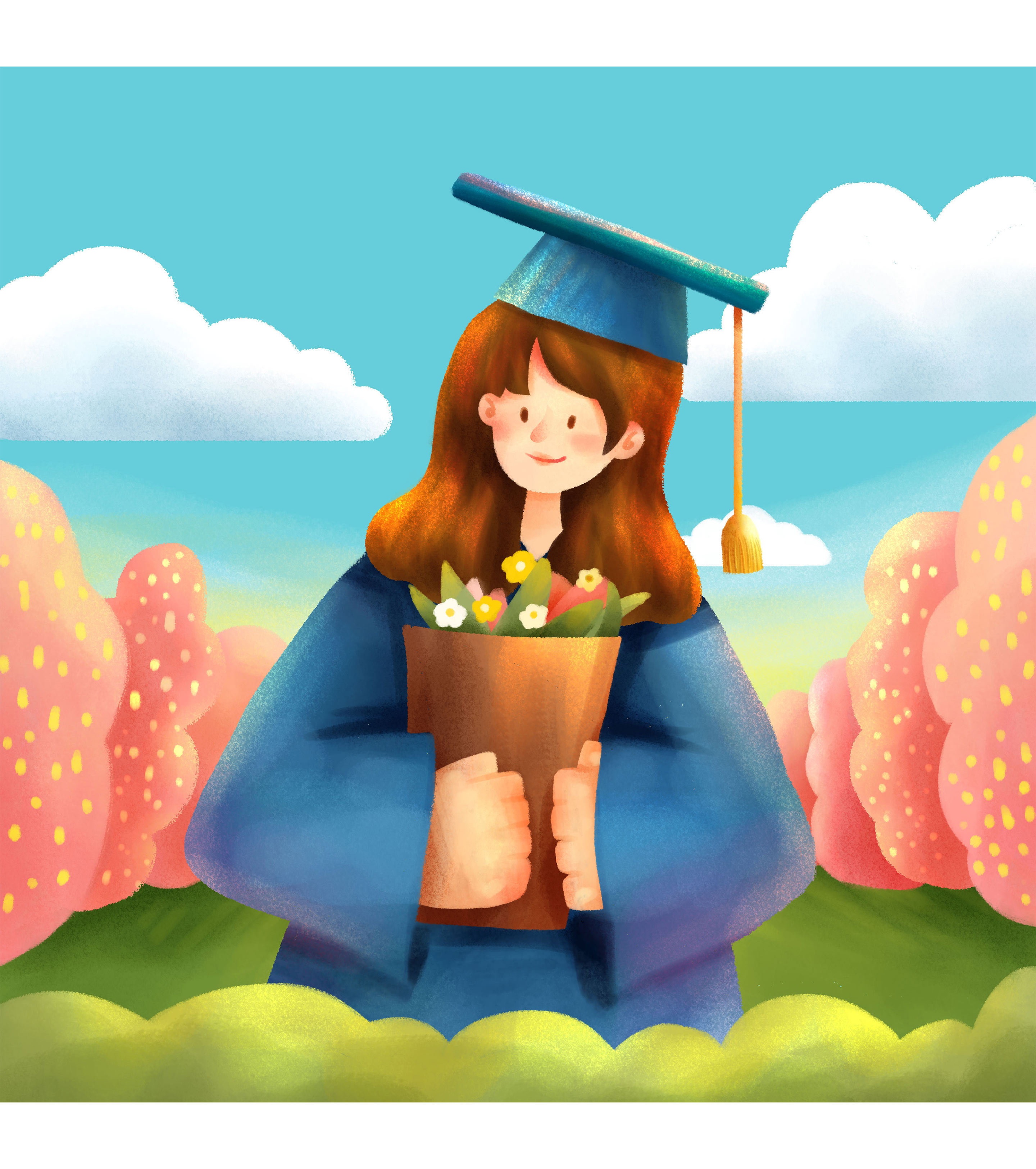 蓝色毕业季捧着鲜花的女孩