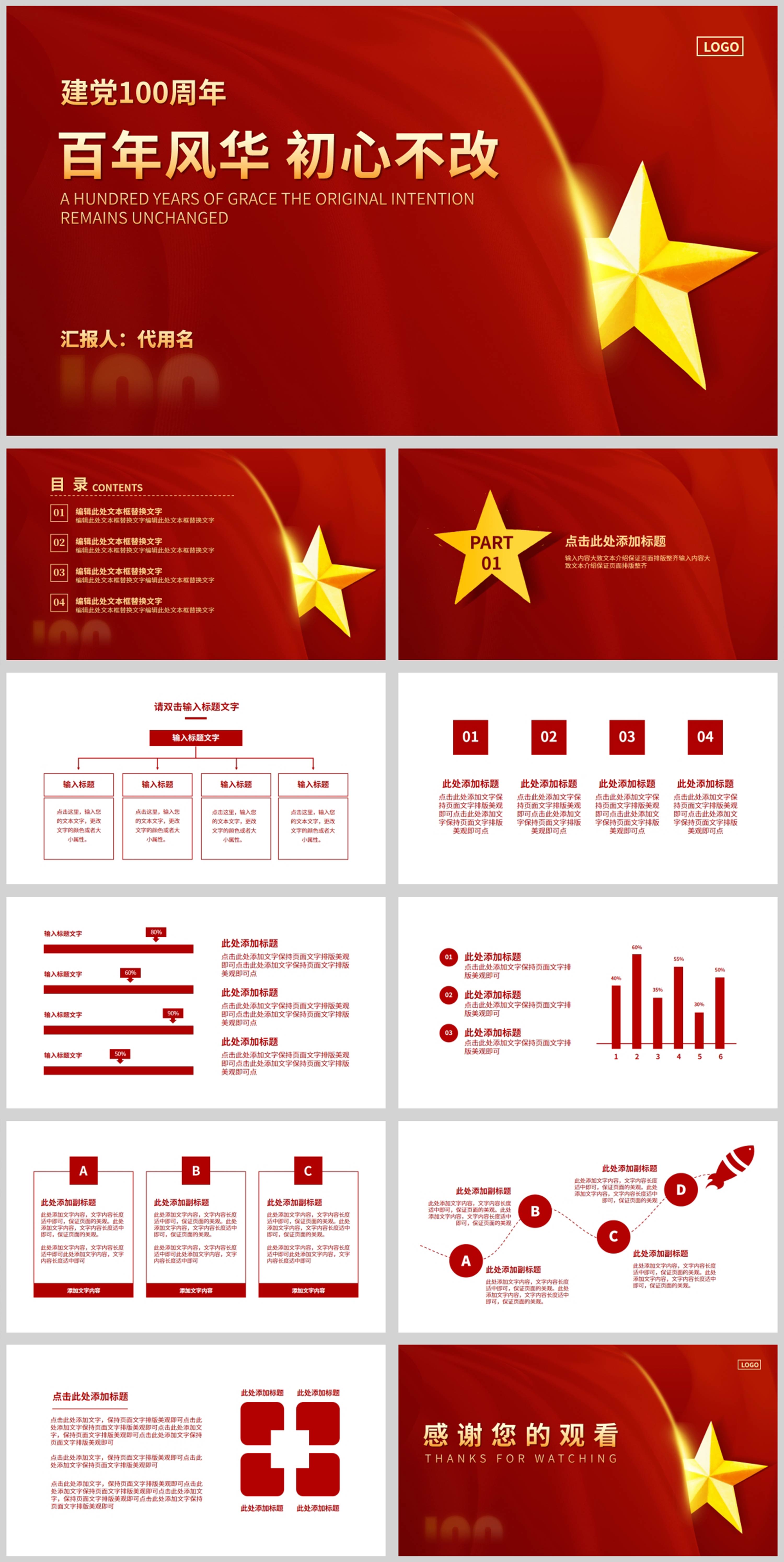红色简约风百年风华初心不改党建PPT模板
