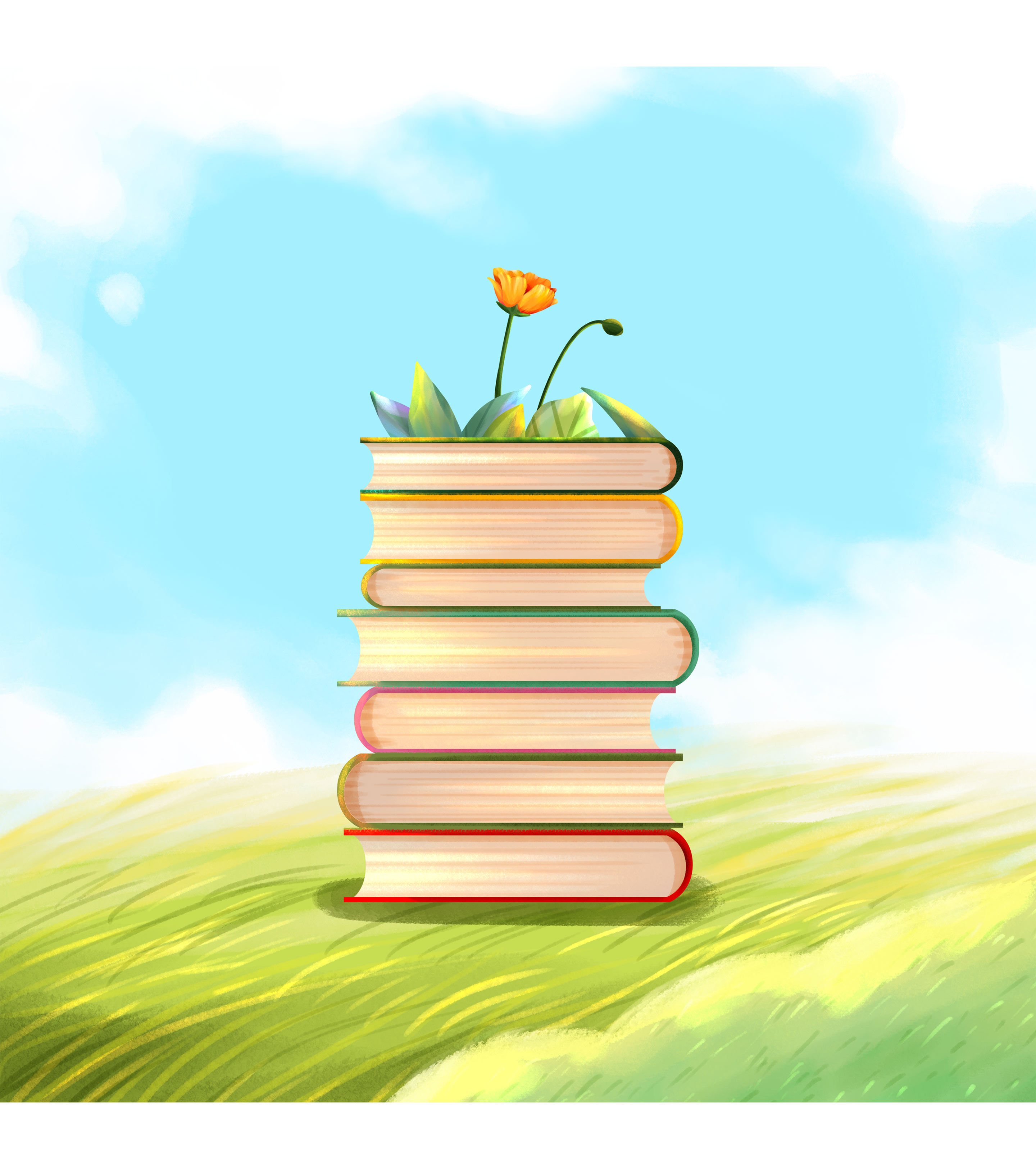 蓝色草地书本花朵插画