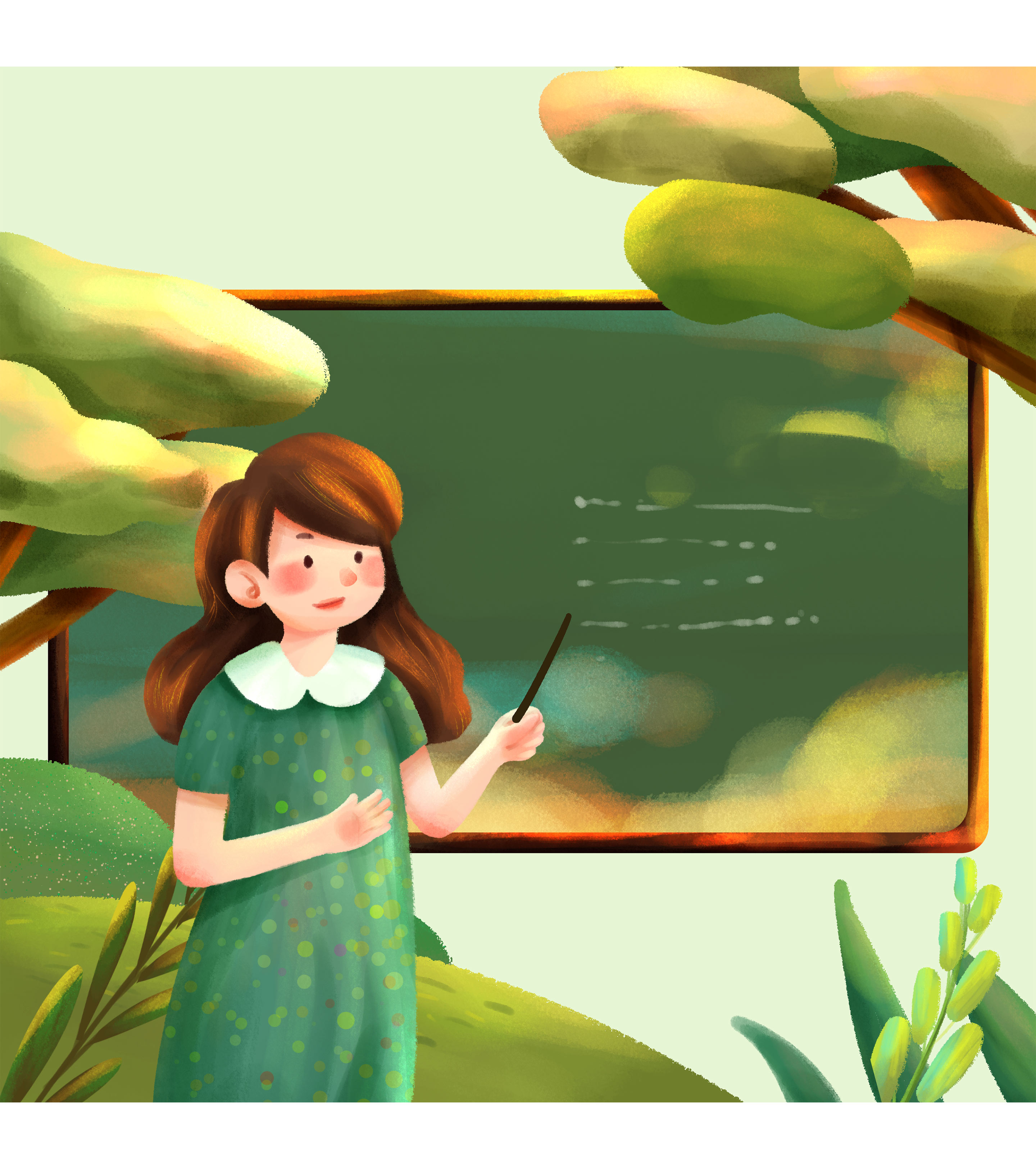 绿色少女讲课插画