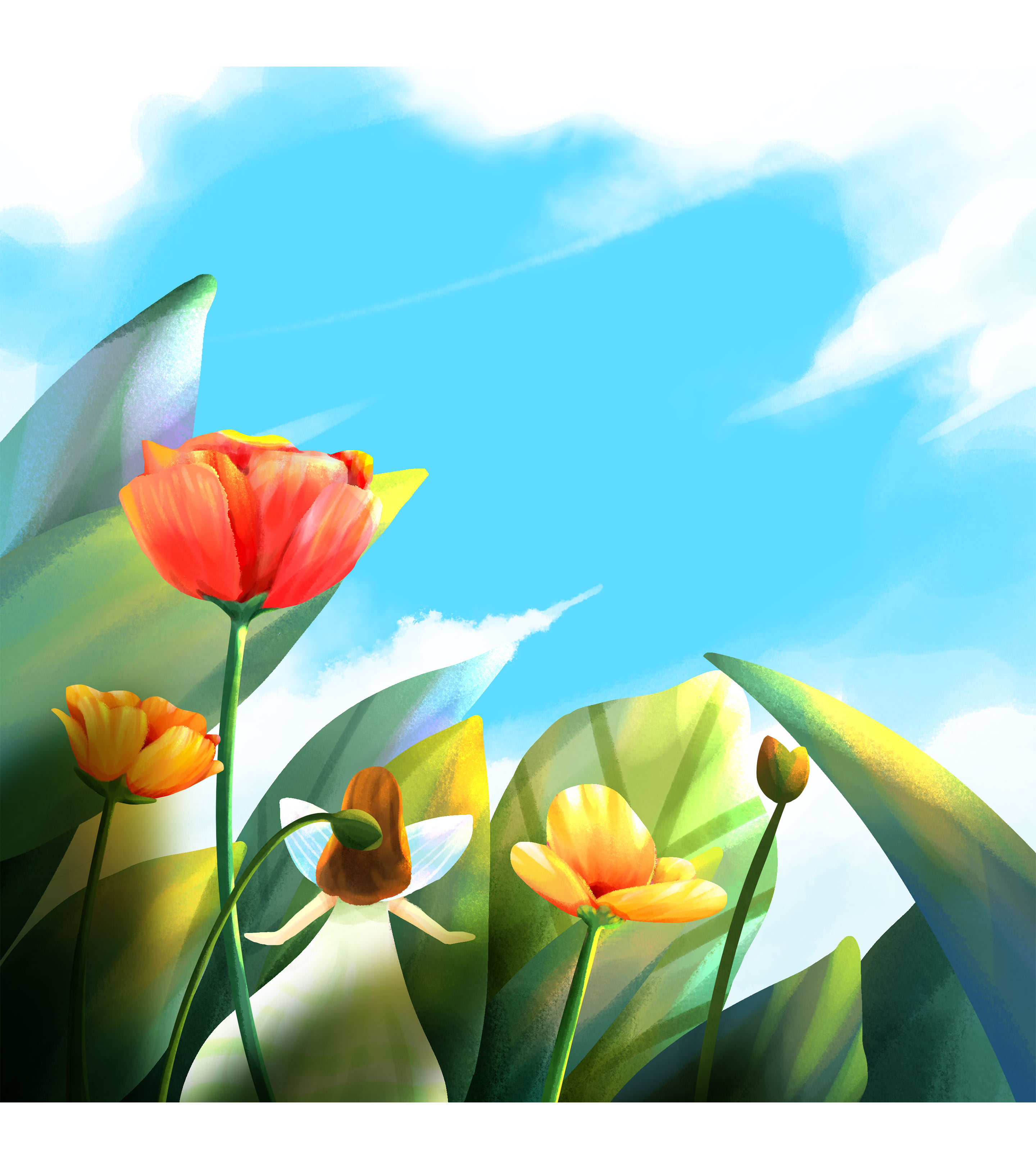 蓝天白云花朵插画