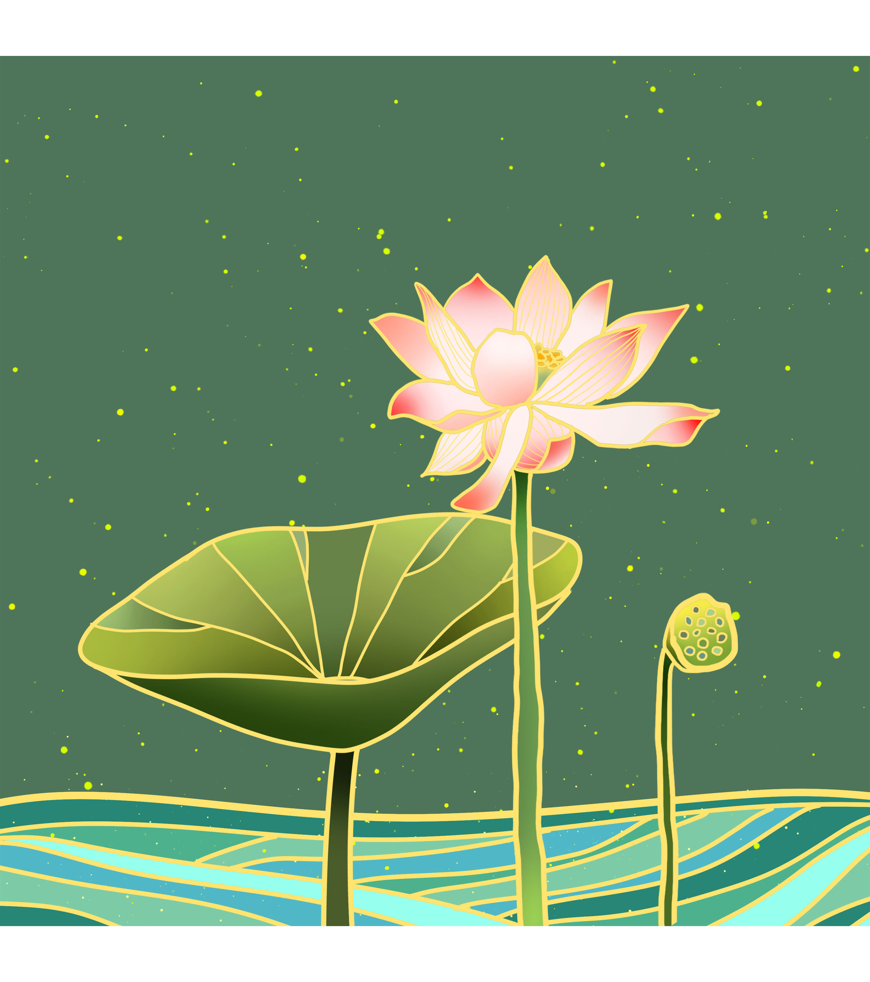 绿色中国风鎏金荷花荷塘