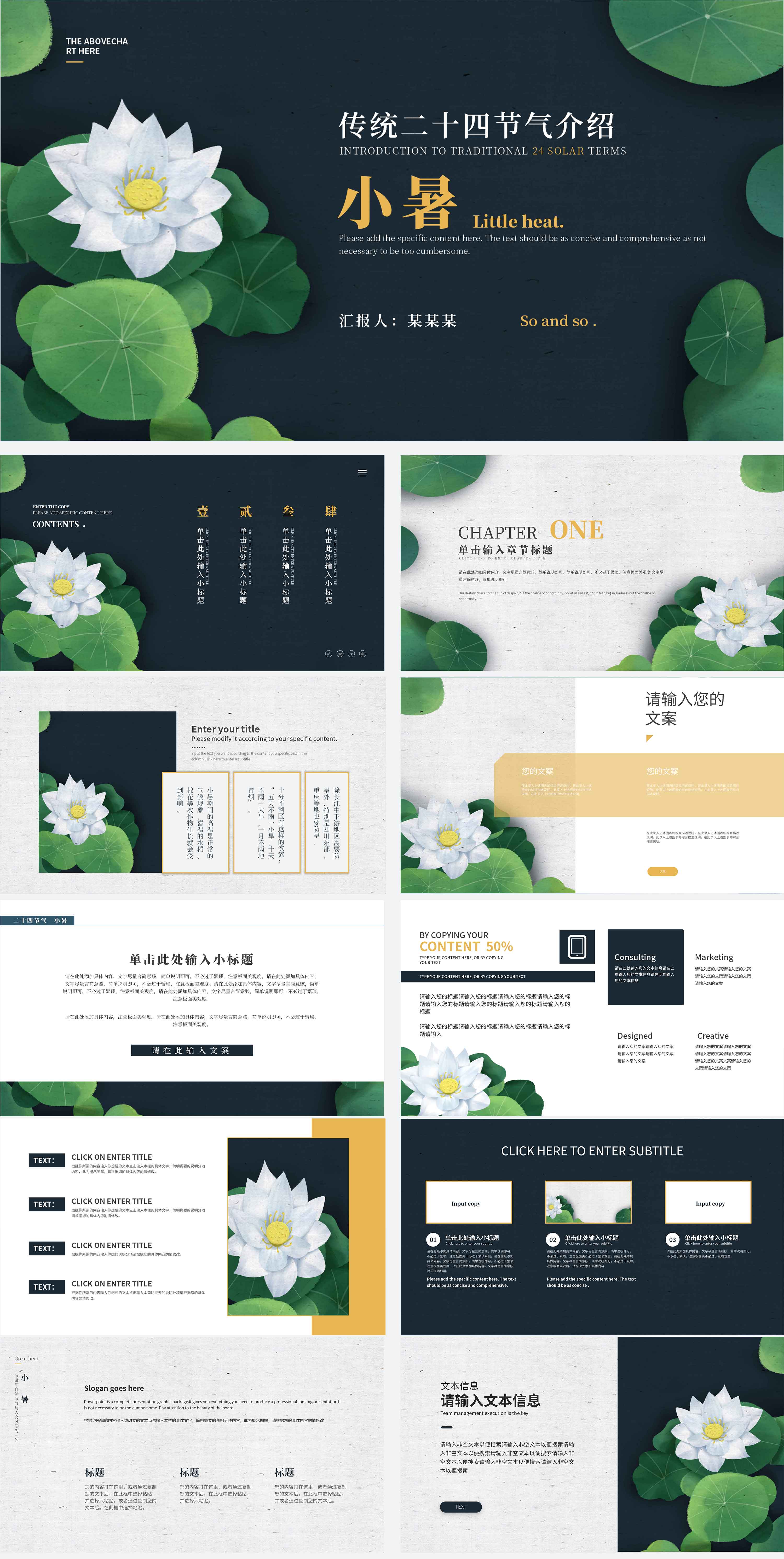绿色清新小暑荷花节气PPT模板