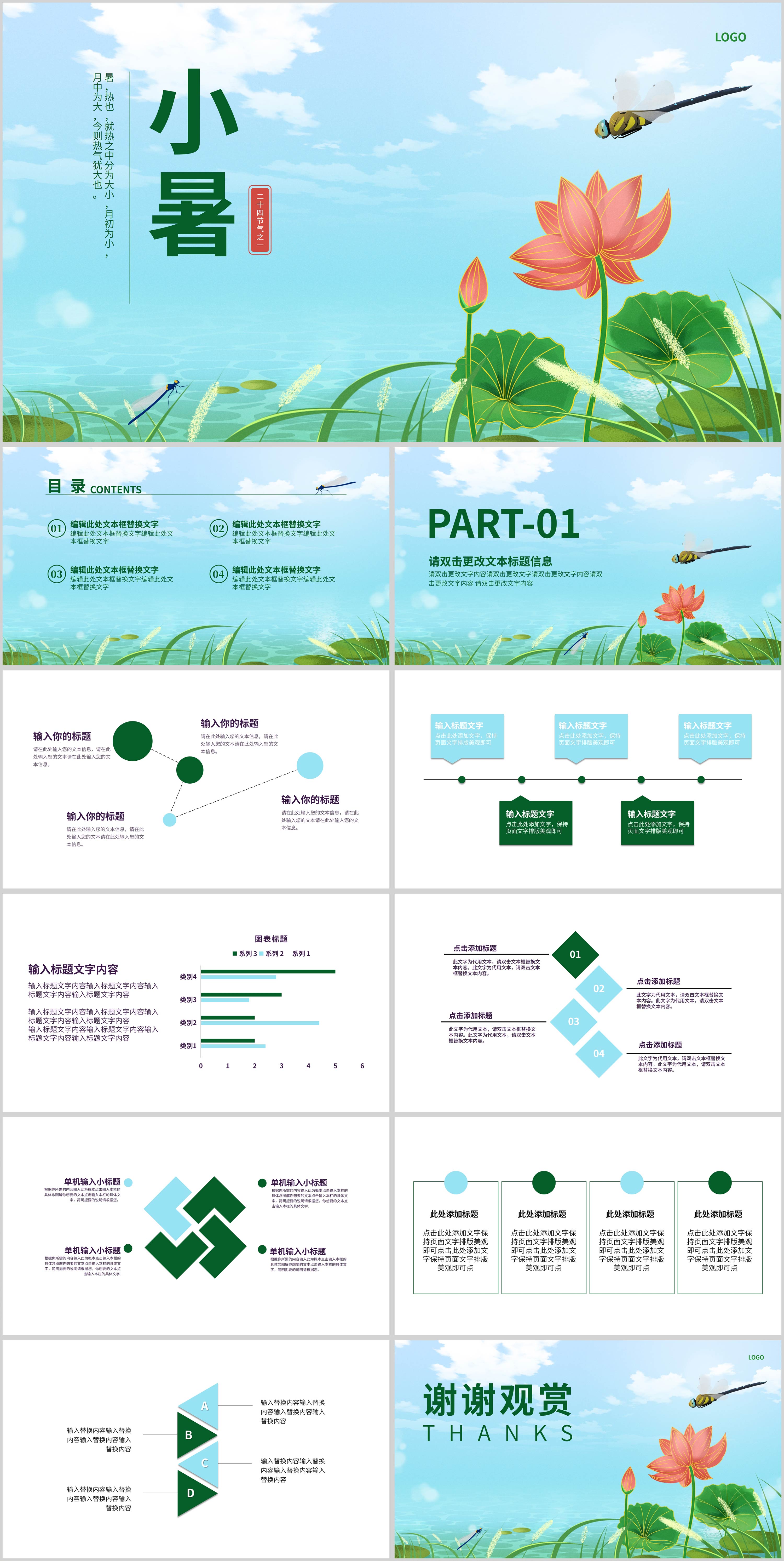 蓝色小清新水彩风二十四节气小暑PPT模板