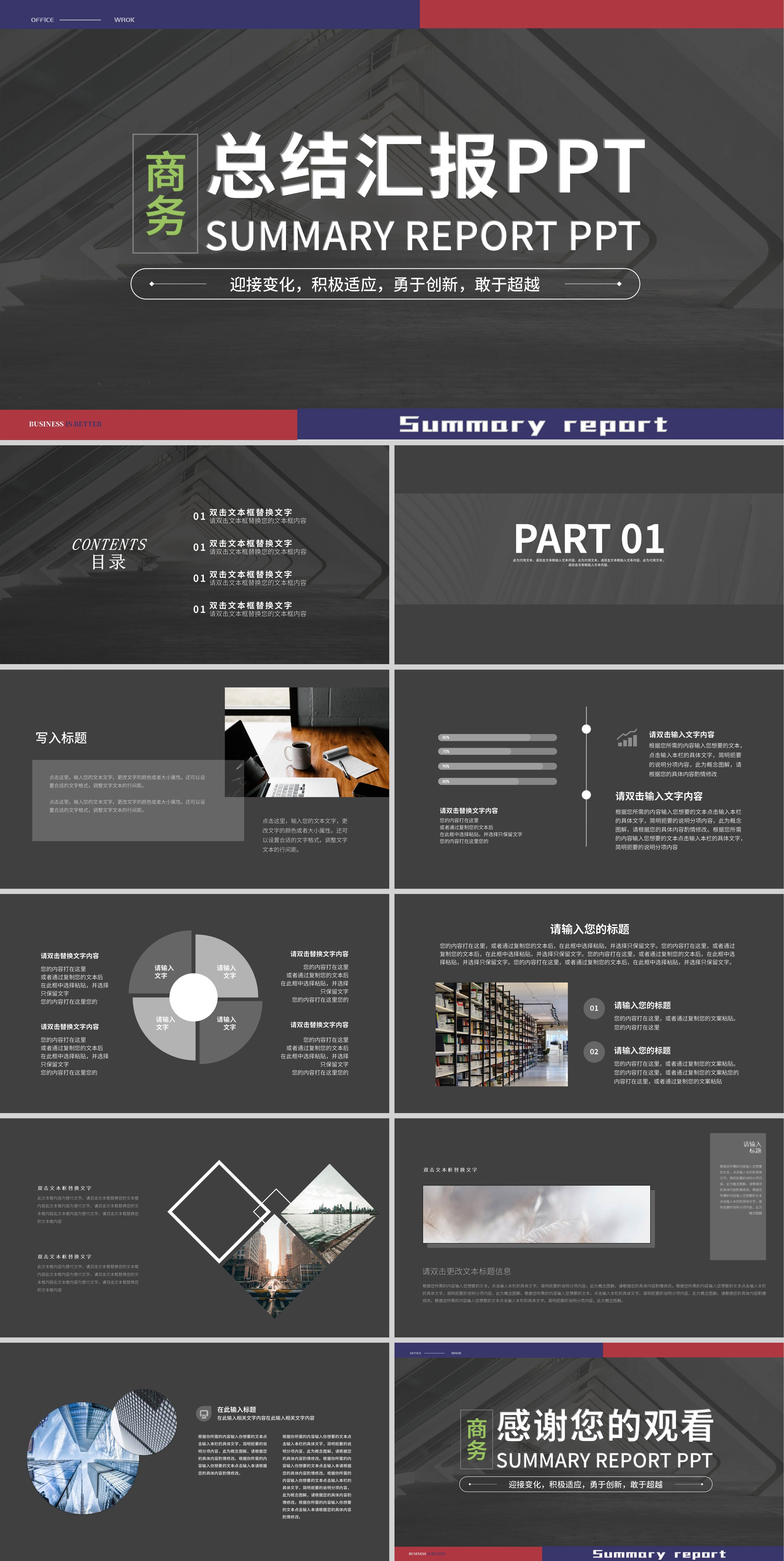 深灰色简约风商务总结汇报PPT模板