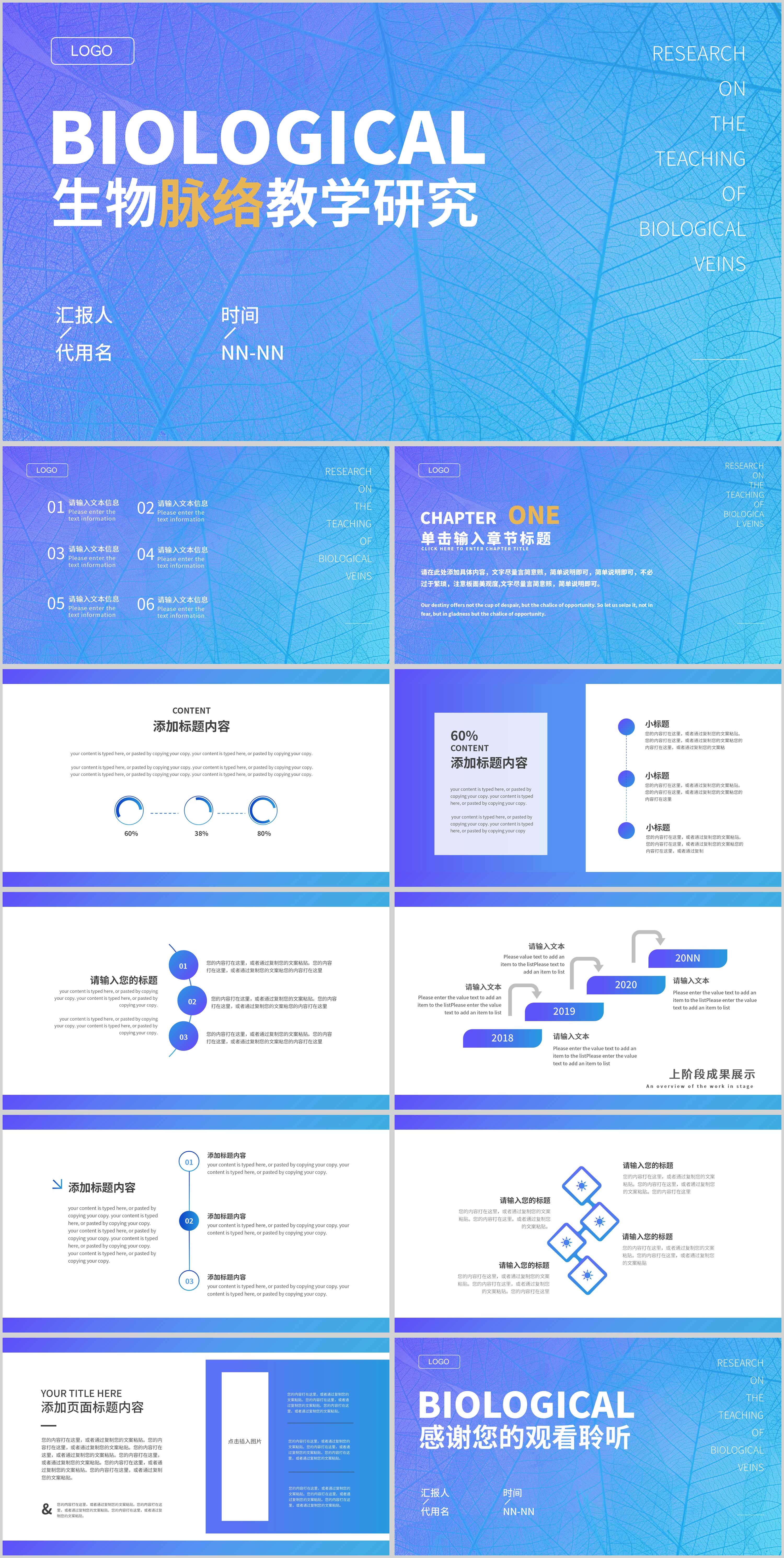 蓝色简约风渐变生物脉络教学研究PPT模板