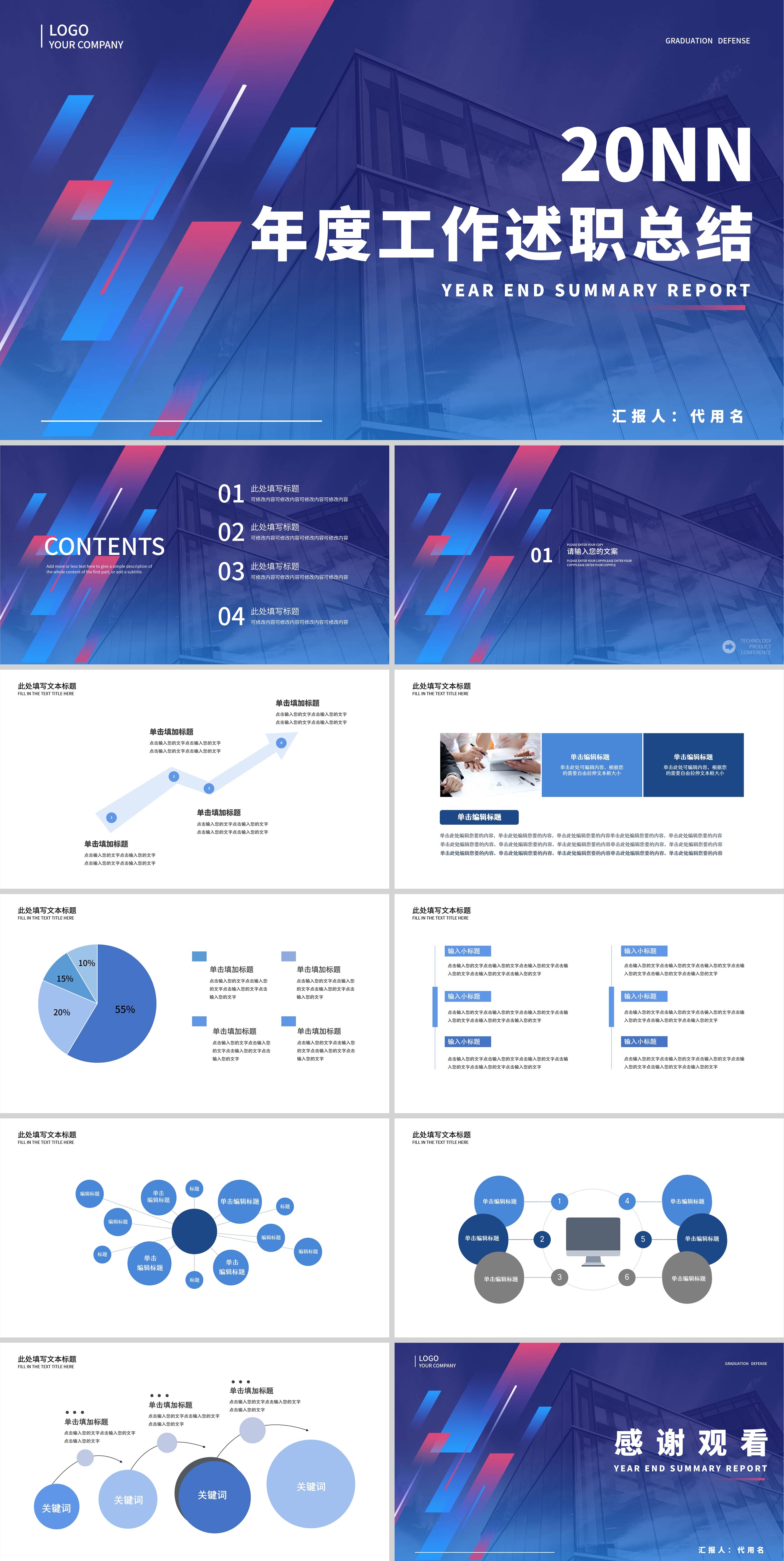 蓝色简约风年度工作述职总结PPT模板