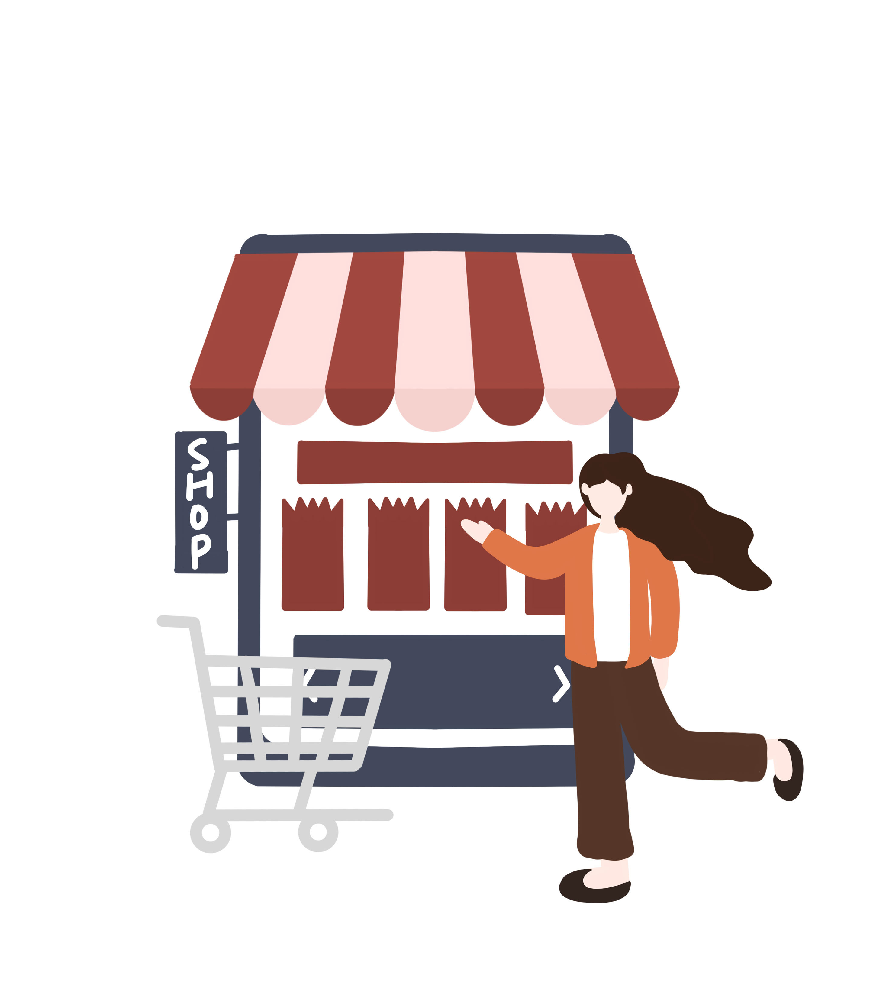 红色推着购物车逛街的女孩