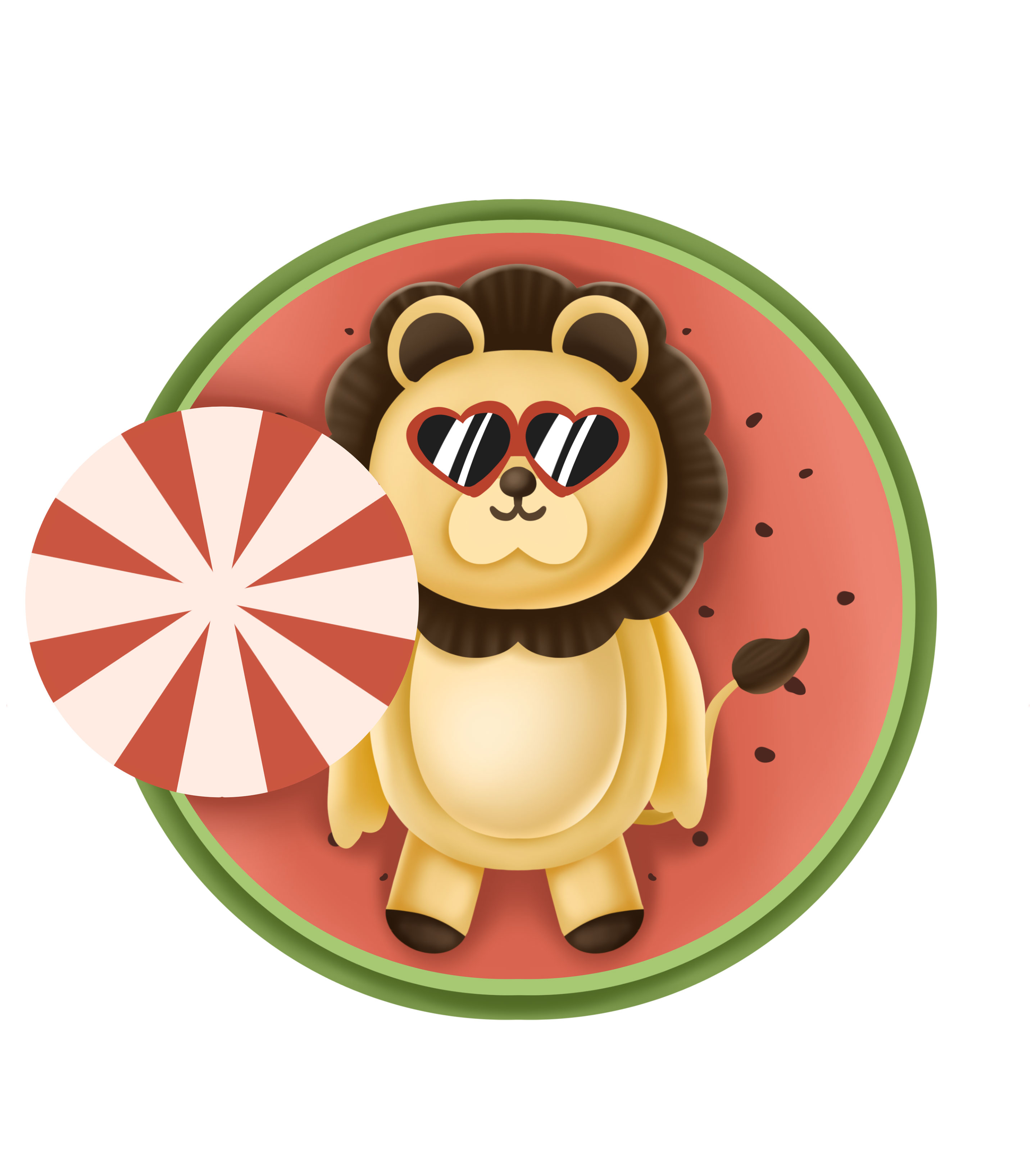 红色躺在西瓜上的小狮子