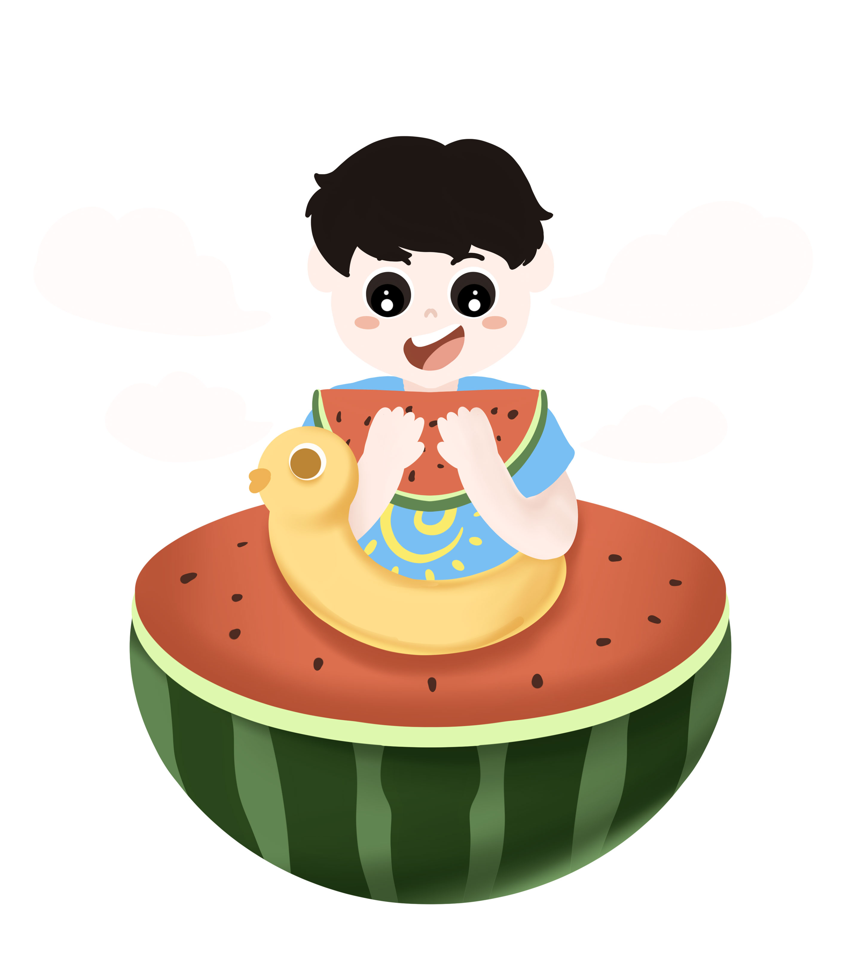 红色吃西瓜的男孩大暑节气