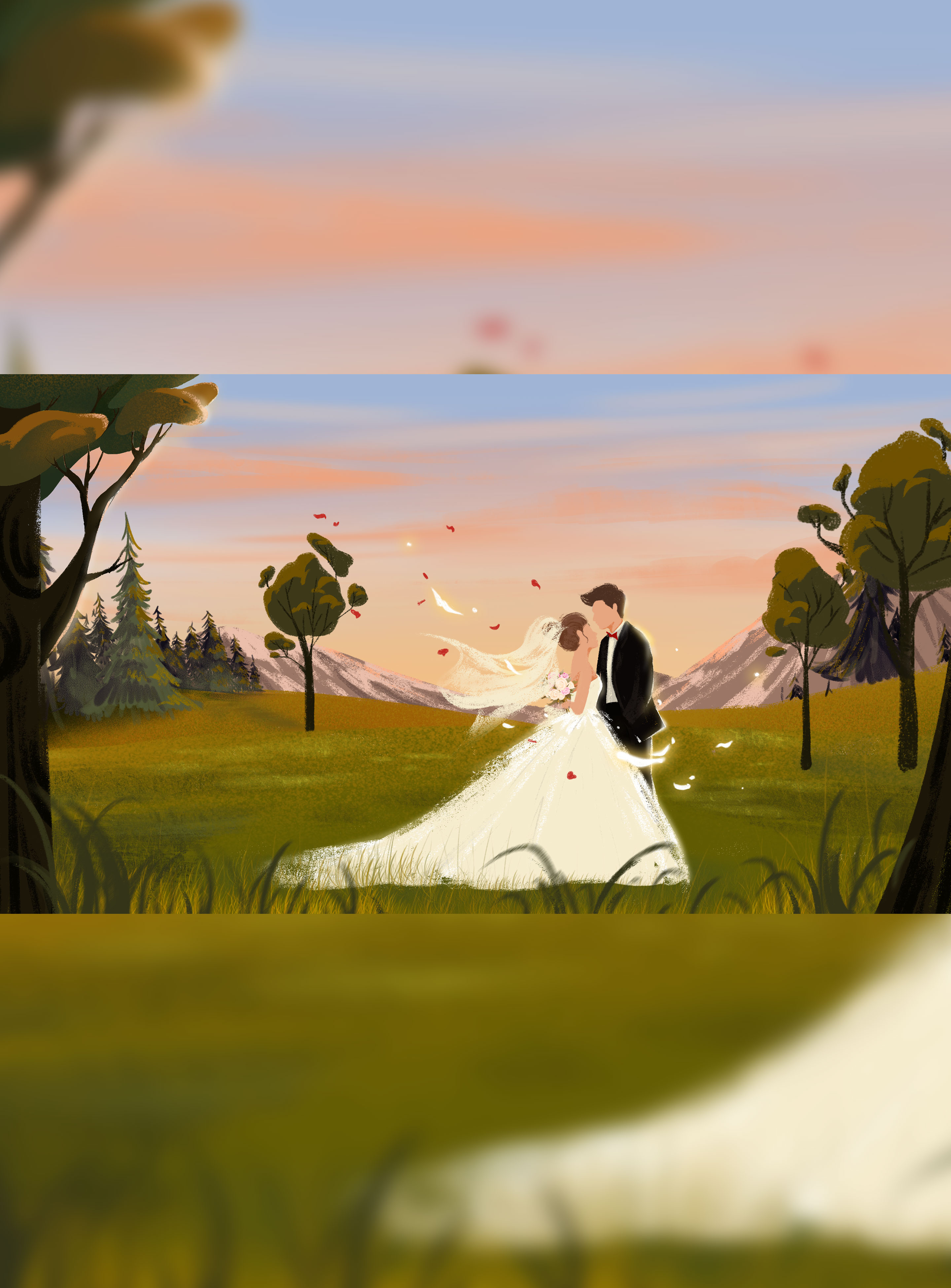 在草地举行婚礼的新人插画