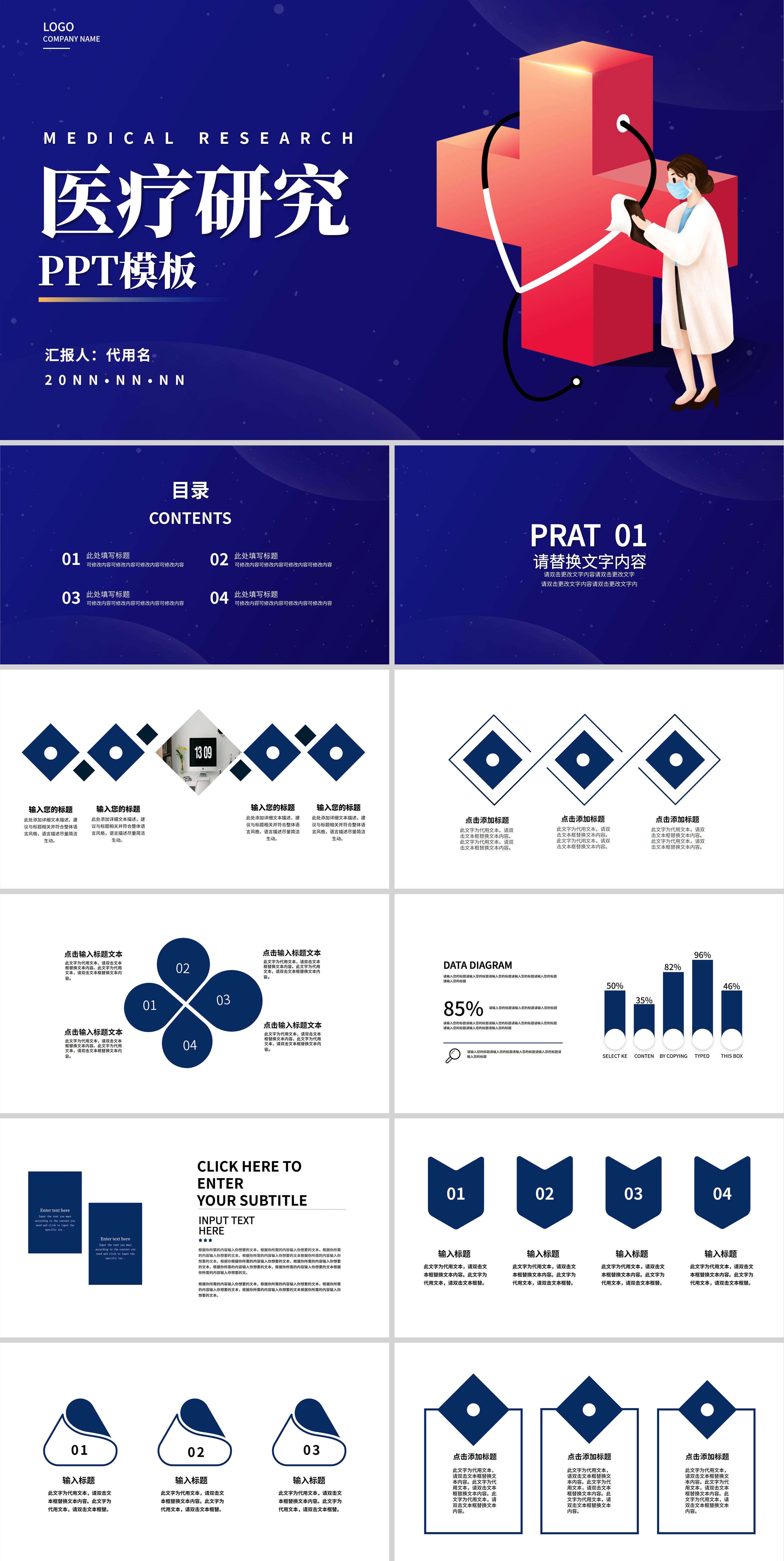 蓝色插画风医疗研究PPT模板